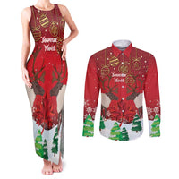 Christmas Canada Couples Matching Tank Maxi Dress and Long Sleeve Button Shirt Joyeux Noel - Caribou With Maple Leaf - Wonder Print Shop