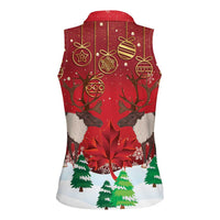 Christmas Canada Women Sleeveless Polo Shirt Joyeux Noel - Caribou With Maple Leaf - Wonder Print Shop