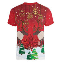 Christmas Canada Women V-Neck T-Shirt Joyeux Noel - Caribou With Maple Leaf - Wonder Print Shop