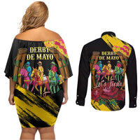 Derby De Mayo 2025 Couples Matching Off Shoulder Short Dress and Long Sleeve Button Shirt Pinata Horse Racing Let's Fiesta