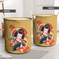 Japanese Geisha Koi Fish Laundry Basket Cherry Blossoms Yellow Seigaiha Pattern - Wonder Print Shop