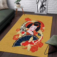 Japanese Geisha Koi Fish Area Rug Cherry Blossoms Yellow Seigaiha Pattern - Wonder Print Shop