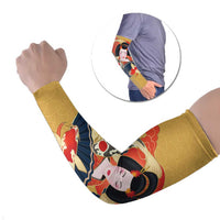 Japanese Geisha Koi Fish Arm Sleeves Cherry Blossoms Yellow Seigaiha Pattern - Wonder Print Shop
