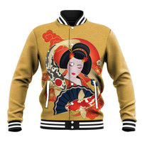 Japanese Geisha Koi Fish Baseball Jacket Cherry Blossoms Yellow Seigaiha Pattern - Wonder Print Shop