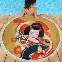 Japanese Geisha Koi Fish Beach Blanket Cherry Blossoms Yellow Seigaiha Pattern - Wonder Print Shop