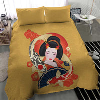 Japanese Geisha Koi Fish Bedding Set Cherry Blossoms Yellow Seigaiha Pattern - Wonder Print Shop