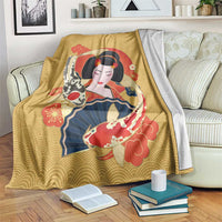 Japanese Geisha Koi Fish Blanket Cherry Blossoms Yellow Seigaiha Pattern - Wonder Print Shop
