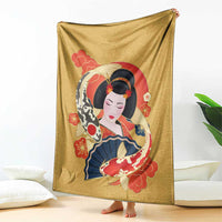 Japanese Geisha Koi Fish Blanket Cherry Blossoms Yellow Seigaiha Pattern - Wonder Print Shop