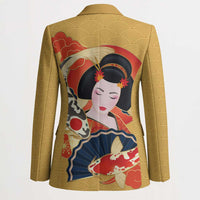 Japanese Geisha Koi Fish Blazer Cherry Blossoms Yellow Seigaiha Pattern - Wonder Print Shop