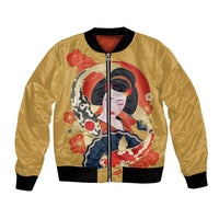 Japanese Geisha Koi Fish Bomber Jacket Cherry Blossoms Yellow Seigaiha Pattern - undefined