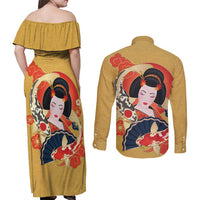 Japanese Geisha Koi Fish Couples Matching Off Shoulder Maxi Dress and Long Sleeve Button Shirt Cherry Blossoms Yellow Seigaiha Pattern - Wonder Print Shop