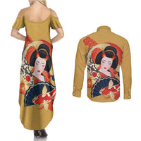 Japanese Geisha Koi Fish Couples Matching Summer Maxi Dress and Long Sleeve Button Shirt Cherry Blossoms Yellow Seigaiha Pattern - Wonder Print Shop