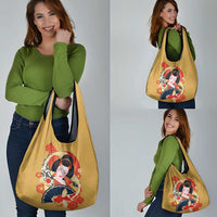 Japanese Geisha Koi Fish Grocery Bag Cherry Blossoms Yellow Seigaiha Pattern - Wonder Print Shop
