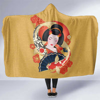 Japanese Geisha Koi Fish Hooded Blanket Cherry Blossoms Yellow Seigaiha Pattern - Wonder Print Shop