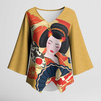 Japanese Geisha Koi Fish Kimono Sleeve Blouse Cherry Blossoms Yellow Seigaiha Pattern - Wonder Print Shop
