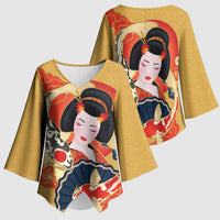 Japanese Geisha Koi Fish Kimono Sleeve Blouse Cherry Blossoms Yellow Seigaiha Pattern - Wonder Print Shop