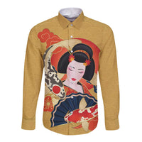 Japanese Geisha Koi Fish Long Sleeve Button Shirt Cherry Blossoms Yellow Seigaiha Pattern - Wonder Print Shop