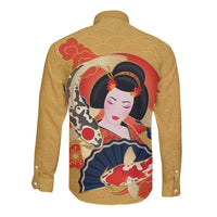 Japanese Geisha Koi Fish Long Sleeve Button Shirt Cherry Blossoms Yellow Seigaiha Pattern - Wonder Print Shop