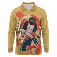 Japanese Geisha Koi Fish Long Sleeve Polo Shirt Cherry Blossoms Yellow Seigaiha Pattern - Wonder Print Shop