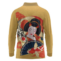 Japanese Geisha Koi Fish Long Sleeve Polo Shirt Cherry Blossoms Yellow Seigaiha Pattern - Wonder Print Shop