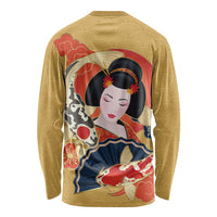 Japanese Geisha Koi Fish Long Sleeve Shirt Cherry Blossoms Yellow Seigaiha Pattern - Wonder Print Shop