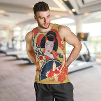 Japanese Geisha Koi Fish Men Tank Top Cherry Blossoms Yellow Seigaiha Pattern - Wonder Print Shop