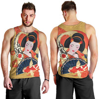 Japanese Geisha Koi Fish Men Tank Top Cherry Blossoms Yellow Seigaiha Pattern - Wonder Print Shop