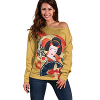 Japanese Geisha Koi Fish Off Shoulder Sweater Cherry Blossoms Yellow Seigaiha Pattern - Wonder Print Shop