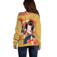 Japanese Geisha Koi Fish Off Shoulder Sweater Cherry Blossoms Yellow Seigaiha Pattern - Wonder Print Shop