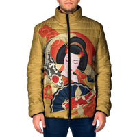 Japanese Geisha Koi Fish Padded Jacket Cherry Blossoms Yellow Seigaiha Pattern - Wonder Print Shop