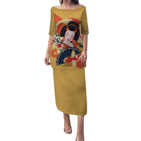 Japanese Geisha Koi Fish Puletasi Cherry Blossoms Yellow Seigaiha Pattern - Wonder Print Shop