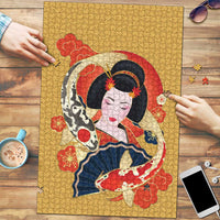 Japanese Geisha Koi Fish Puzzle Cherry Blossoms Yellow Seigaiha Pattern - Wonder Print Shop