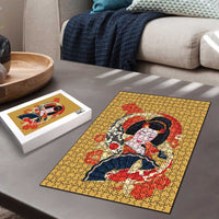 Japanese Geisha Koi Fish Puzzle Cherry Blossoms Yellow Seigaiha Pattern - Wonder Print Shop