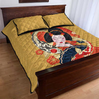 Japanese Geisha Koi Fish Quilt Bed Set Cherry Blossoms Yellow Seigaiha Pattern - Wonder Print Shop