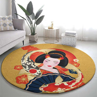 Japanese Geisha Koi Fish Round Carpet Cherry Blossoms Yellow Seigaiha Pattern - Wonder Print Shop