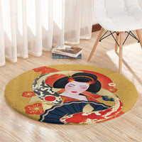 Japanese Geisha Koi Fish Round Carpet Cherry Blossoms Yellow Seigaiha Pattern - Wonder Print Shop