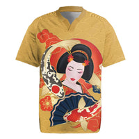 Japanese Geisha Koi Fish Rugby Jersey Cherry Blossoms Yellow Seigaiha Pattern - Wonder Print Shop