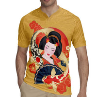 Japanese Geisha Koi Fish Rugby Jersey Cherry Blossoms Yellow Seigaiha Pattern - Wonder Print Shop
