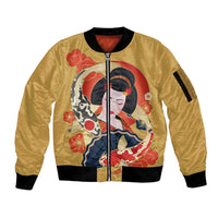 Japanese Geisha Koi Fish Sleeve Zip Bomber Jacket Cherry Blossoms Yellow Seigaiha Pattern - Wonder Print Shop