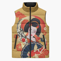 Japanese Geisha Koi Fish Sleeveless Puffer Jacket Cherry Blossoms Yellow Seigaiha Pattern - Wonder Print Shop