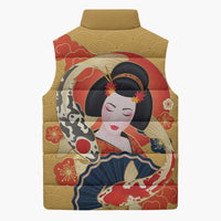 Japanese Geisha Koi Fish Sleeveless Puffer Jacket Cherry Blossoms Yellow Seigaiha Pattern - Wonder Print Shop