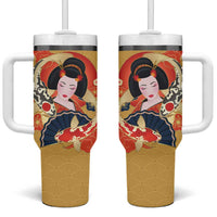 Japanese Geisha Koi Fish Tumbler With Handle Cherry Blossoms Yellow Seigaiha Pattern - Wonder Print Shop