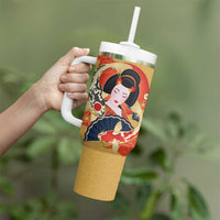 Japanese Geisha Koi Fish Tumbler With Handle Cherry Blossoms Yellow Seigaiha Pattern - Wonder Print Shop