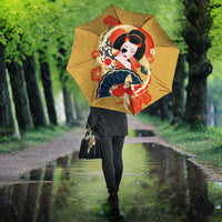 Japanese Geisha Koi Fish Umbrella Cherry Blossoms Yellow Seigaiha Pattern - Wonder Print Shop