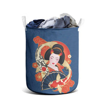 Japanese Geisha Koi Fish Laundry Basket Cherry Blossoms Blue Seigaiha Pattern - Wonder Print Shop