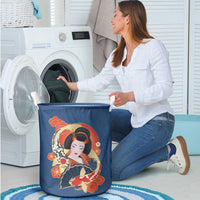 Japanese Geisha Koi Fish Laundry Basket Cherry Blossoms Blue Seigaiha Pattern - Wonder Print Shop