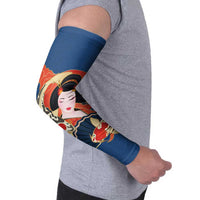 Japanese Geisha Koi Fish Arm Sleeves Cherry Blossoms Blue Seigaiha Pattern - Wonder Print Shop