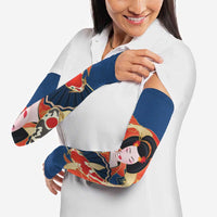 Japanese Geisha Koi Fish Arm Sleeves Cherry Blossoms Blue Seigaiha Pattern - Wonder Print Shop
