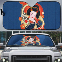 Japanese Geisha Koi Fish Auto Sun Shade Cherry Blossoms Blue Seigaiha Pattern - Wonder Print Shop