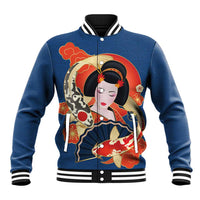 Japanese Geisha Koi Fish Baseball Jacket Cherry Blossoms Blue Seigaiha Pattern - Wonder Print Shop